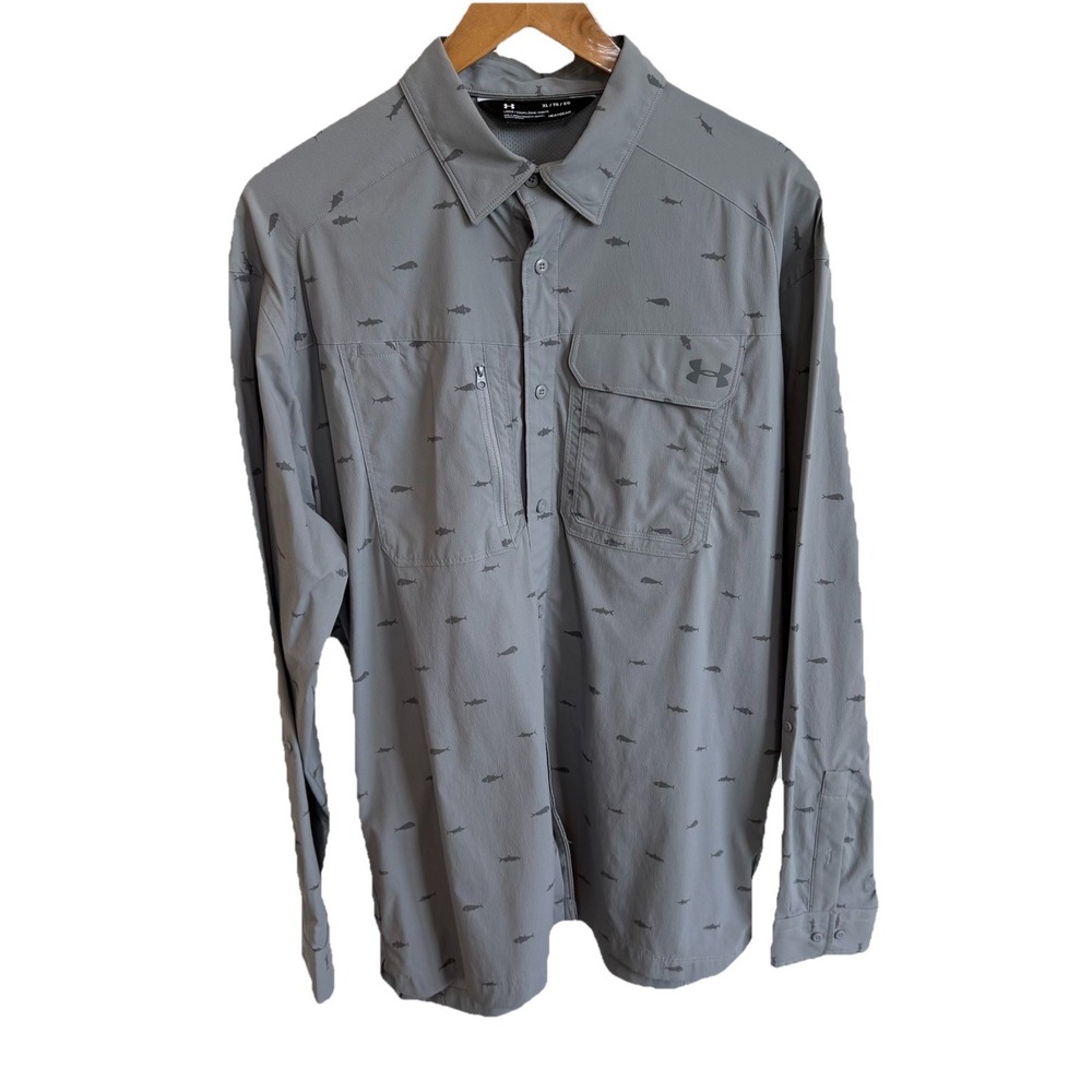 Under Armour Shirt Mens XL Gray Fishing Loose Button HeatGear Vented Performance